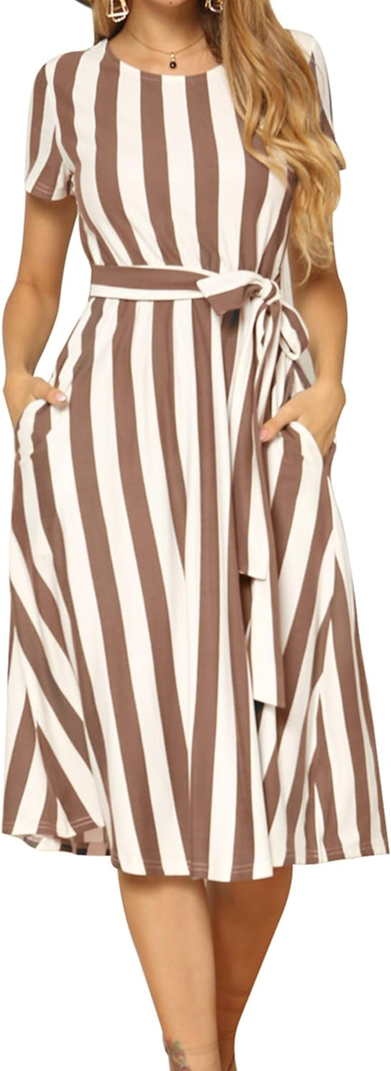 Women'S Short Sleeve Striped Casual Flowy Midi Belt Dress with Pockets