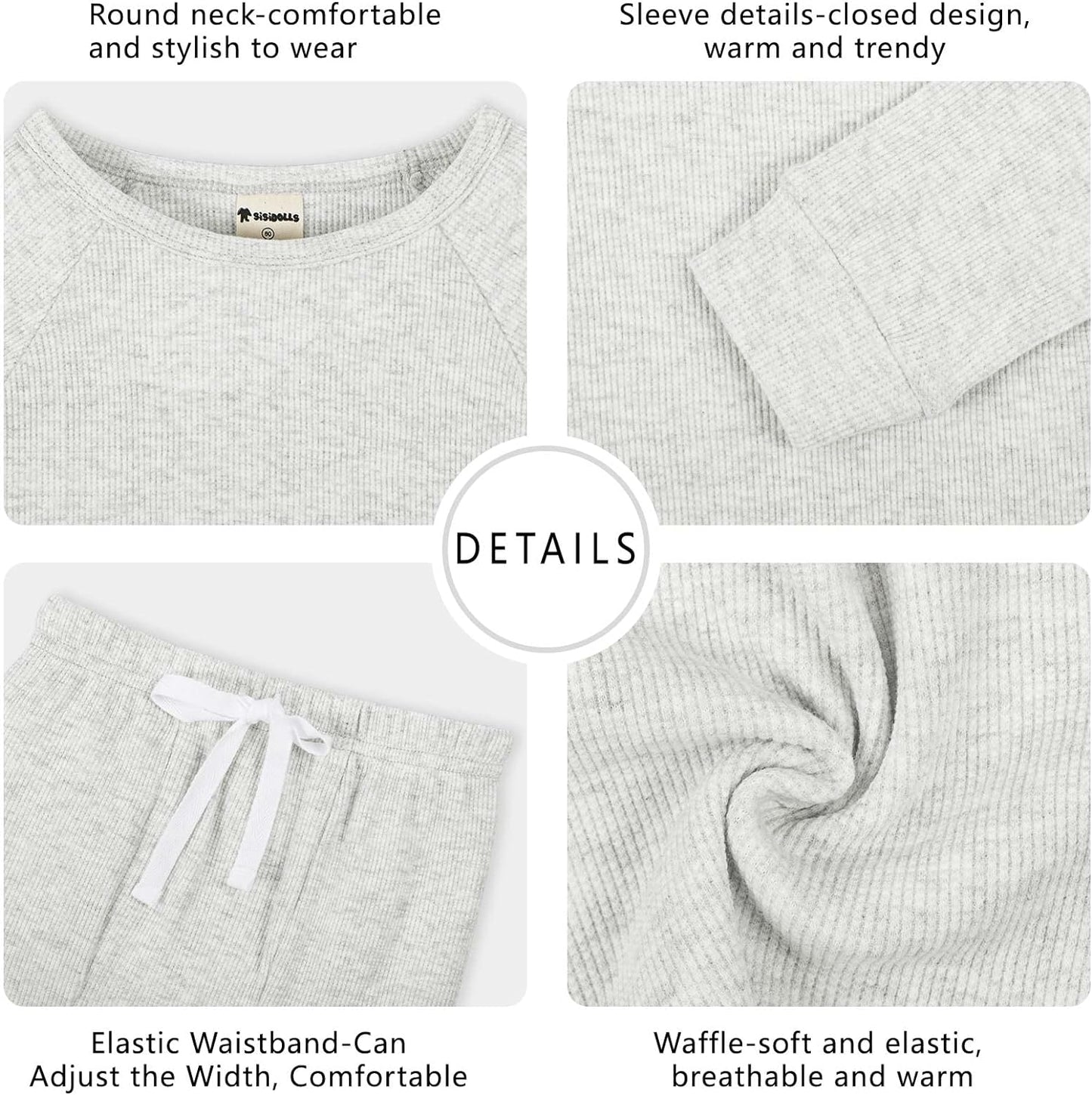 Newborn Baby Boy Girl Waffle Knitted Clothes Set Cotton Long Sleeve Pullover Pants Solid Color Fall Winter Outfits(Grey, 12-18M)
