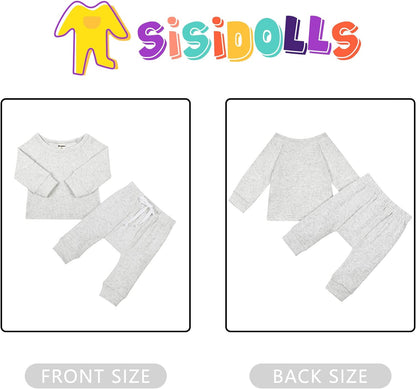 Newborn Baby Boy Girl Waffle Knitted Clothes Set Cotton Long Sleeve Pullover Pants Solid Color Fall Winter Outfits(Grey, 12-18M)