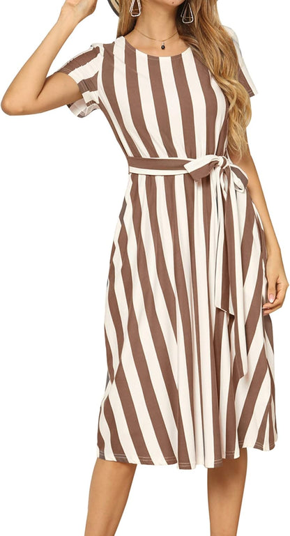 Women'S Short Sleeve Striped Casual Flowy Midi Belt Dress with Pockets