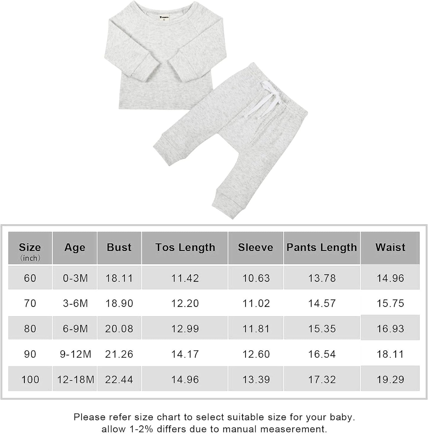 Newborn Baby Boy Girl Waffle Knitted Clothes Set Cotton Long Sleeve Pullover Pants Solid Color Fall Winter Outfits(Grey, 12-18M)